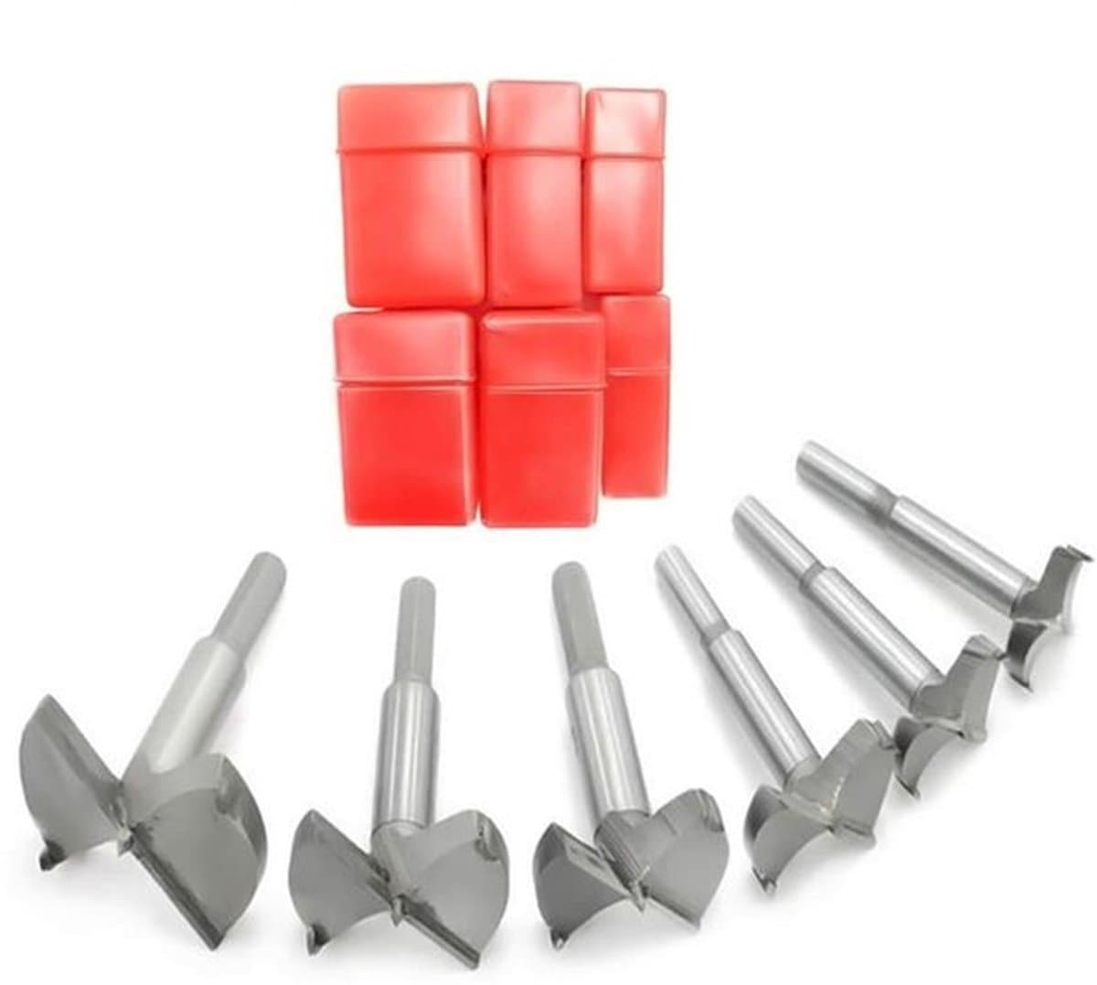 Forstnerboorset van 6 stuks met hardmetalen sneldraaistalen boren van 30-60 mm voor houtbewerking, voorzien van platte vleugel en ronde schacht voor nauwkeurige scharnierboringen — afbeelding 1