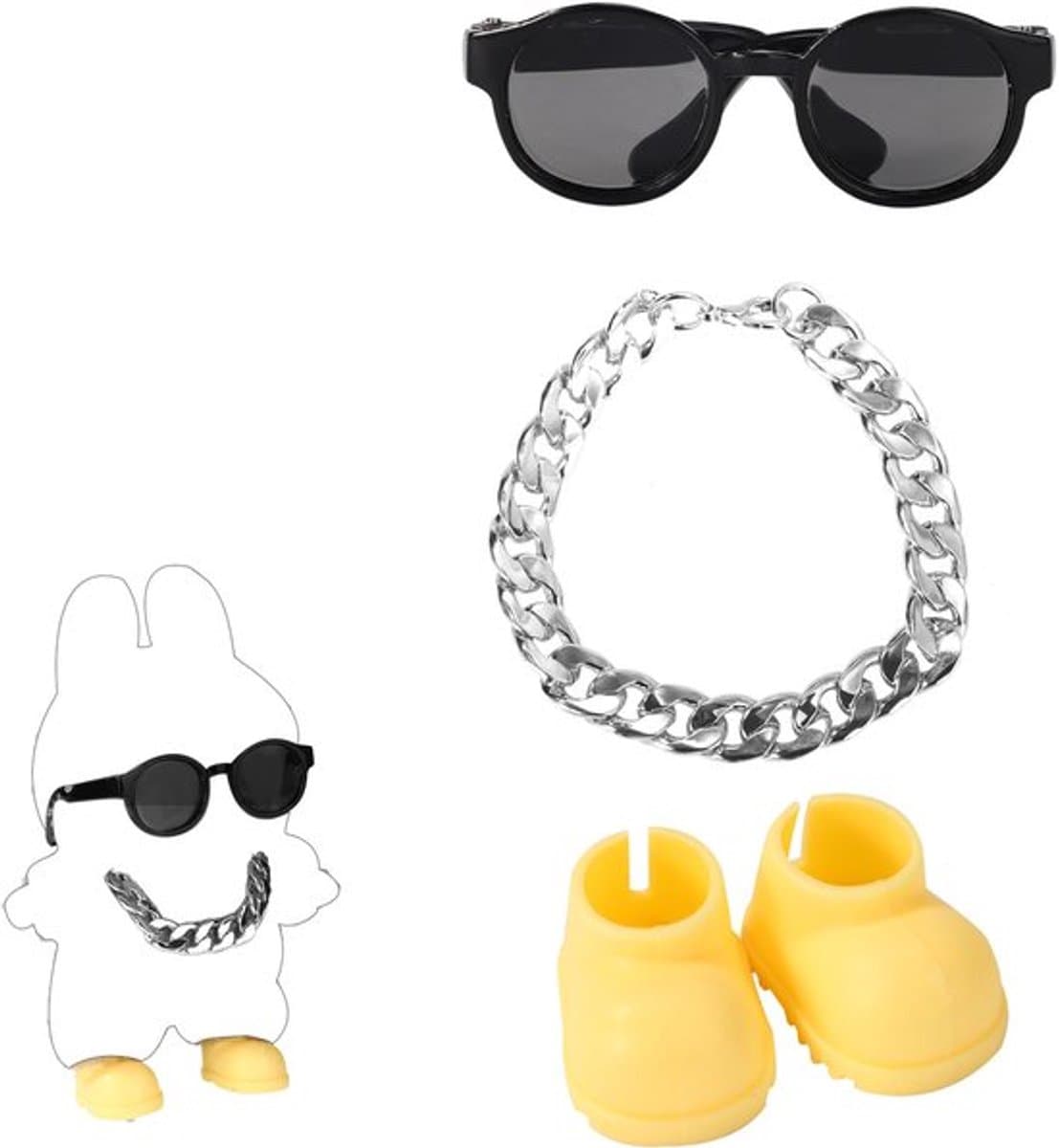 Poppenoutfitset, modieuze zonnebril, zilveren ketting en schattige gele schoenen, kledingaccessoires voor poppendecoratie en -display — afbeelding 1