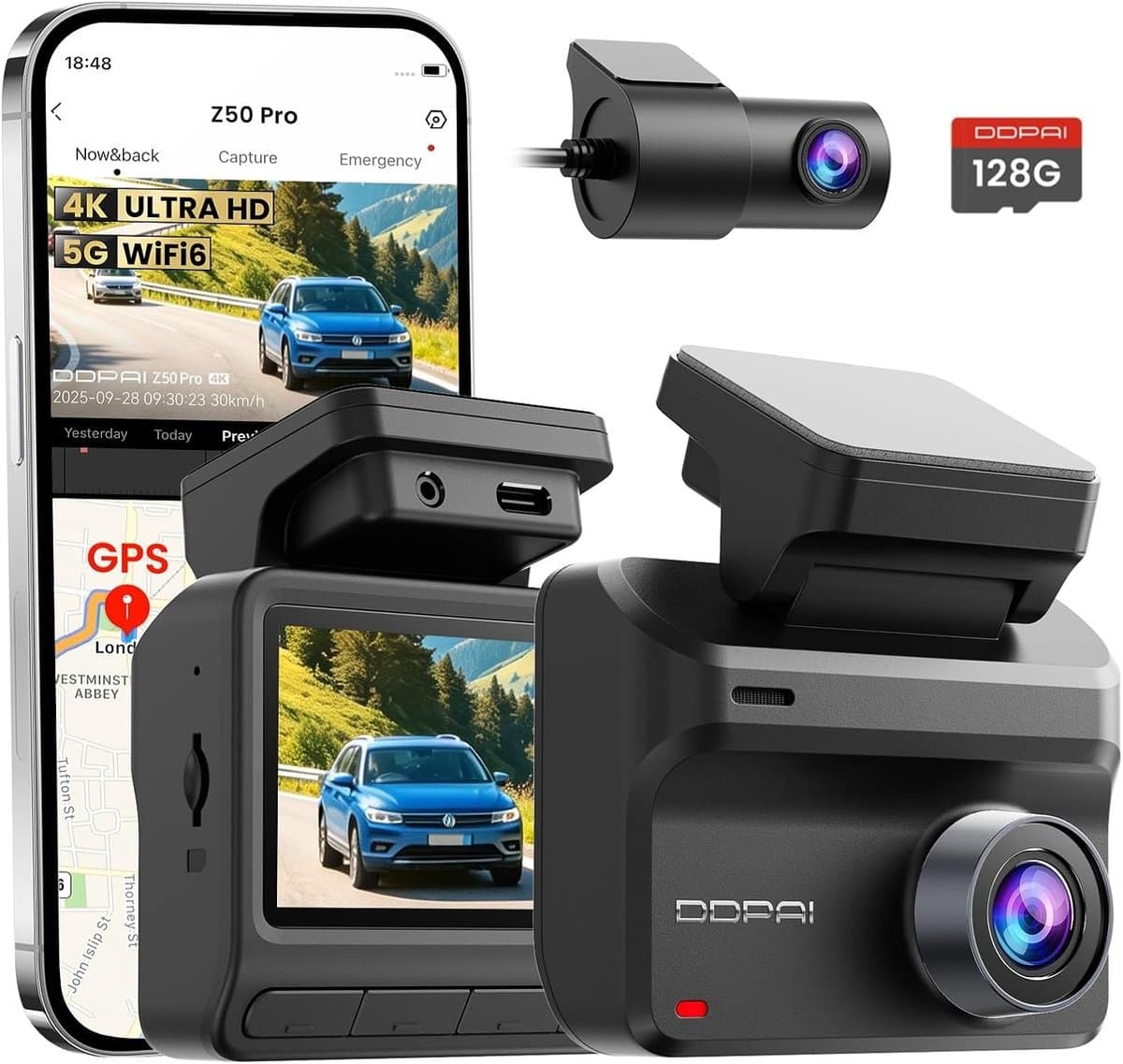 Dashcam voor auto - Donker - Z50 Pro - 4K + 1080P Beeldkwaliteit met Nachtzicht en GPS - Voor Veilig Onderweg — afbeelding 1
