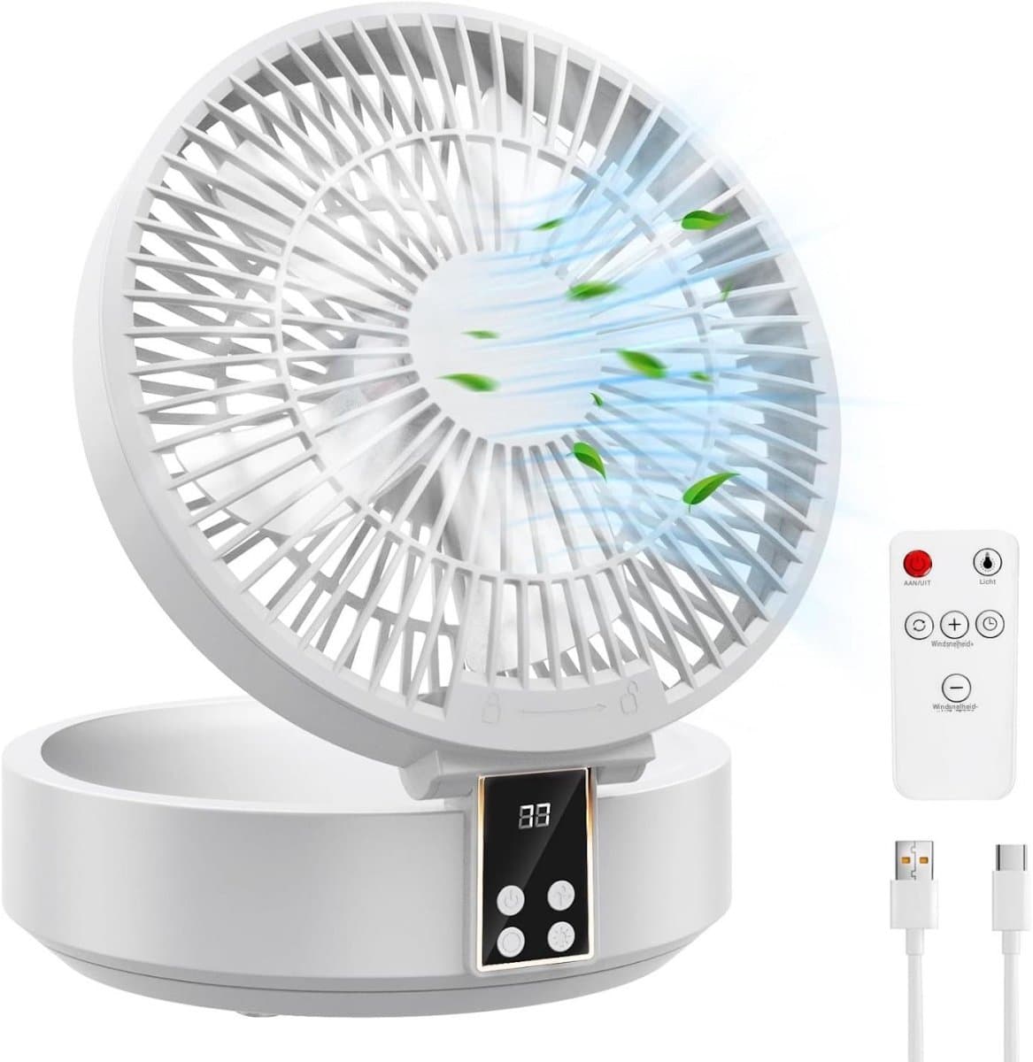GELLDG Tafelventilator - USB Ventilator met Display - Opvouwbaar Bureaumodel - 17x18,5x8,5cm - 3 Snelheden, Timer, Draaibaar - Geschikt voor Kantoor en Kampeer - Kunststof - Incl. Afstandsbediening en Lamp — afbeelding 1