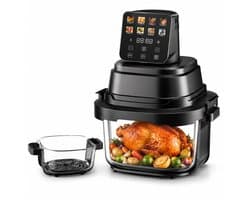 Just Perfecto Draagbare Glazen Airfryer – Totale Capaciteit 5,5 L, 1,5 L + 4 L Transparante Glazen Mandjes, Olievrije Heteluchtfriteuse