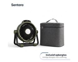 Sentara Campingventilator Oplaadbaar 10000mAh – Lichtgewicht Draagbare Buitenventilator met LED-nachtlamp, Powerbank-functie, Timer & Opbergtas – Ophangbaar of Staand – 5 Standen – Legergroen
