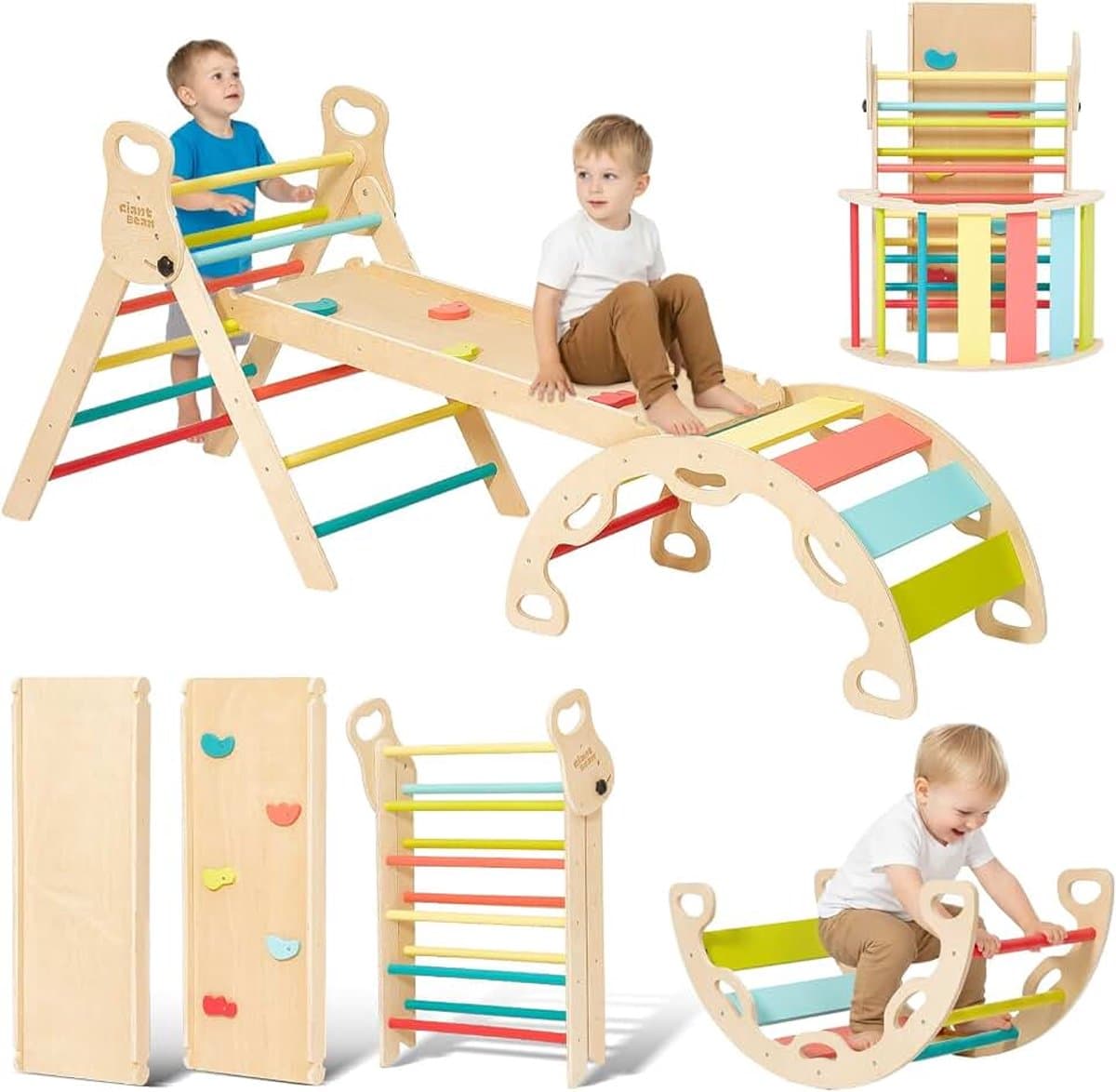 Bean 5-in-1 Montessori klimdriehoek met klimboog en glijbaan (M) | houten driehoek voor peuters vanaf 2-5, indoor klimspeelgoed, regenboog met handvat — afbeelding 1