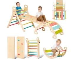 Bean 5-in-1 Montessori klimdriehoek met klimboog en glijbaan (M) | houten driehoek voor peuters vanaf 2-5, indoor klimspeelgoed, regenboog met handvat