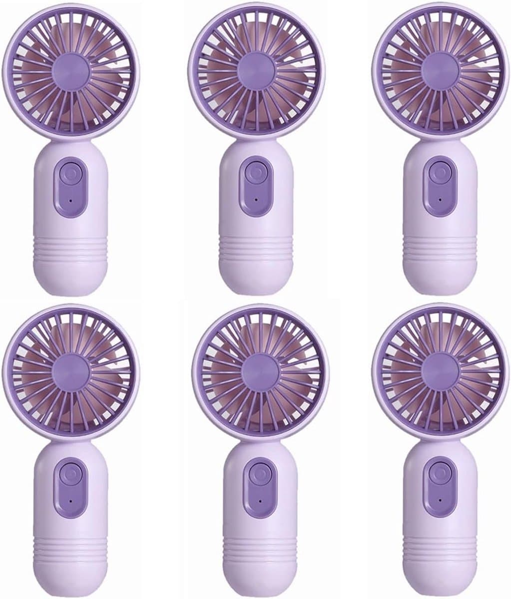 Mini draagbare ventilatoren (6 stuks), schattige, lichtgewicht handventilatoren op batterijen, 3 windsnelheden, USB oplaadbaar, wimpervormige ventilatoren, unisex, geschikt voor kantoor, buiten, reizen en kamperen - paars. — afbeelding 1