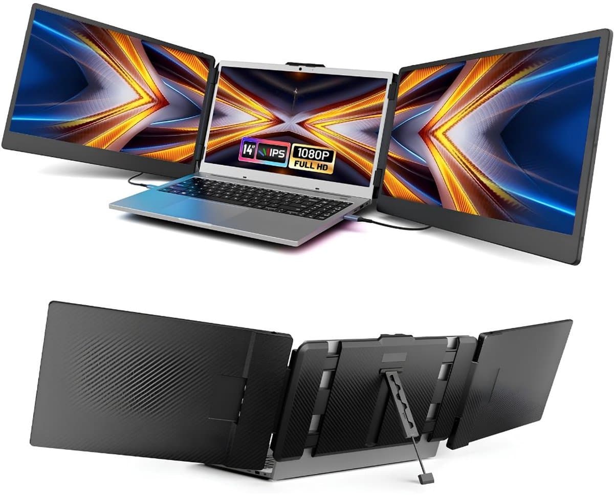 KAD® Portable Monitor - 14 inch Drievoudig Scherm - Full HD Portable Display voor MacBook & Windows - Zwart - 35cm x 21cm x 4cm — afbeelding 1