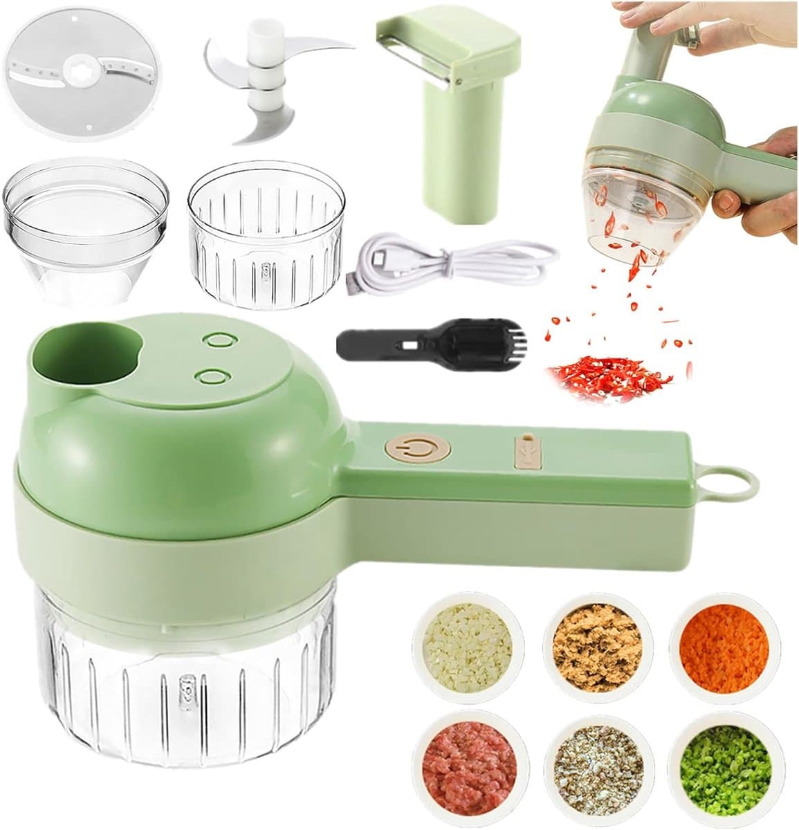 Elektrische Groentesnijder - Keukenmachine Hakmachine - Maaltijden Bereiden - 4-in-1 Multifunctioneel - 8x20.5x9.5 cm - Groen — afbeelding 1