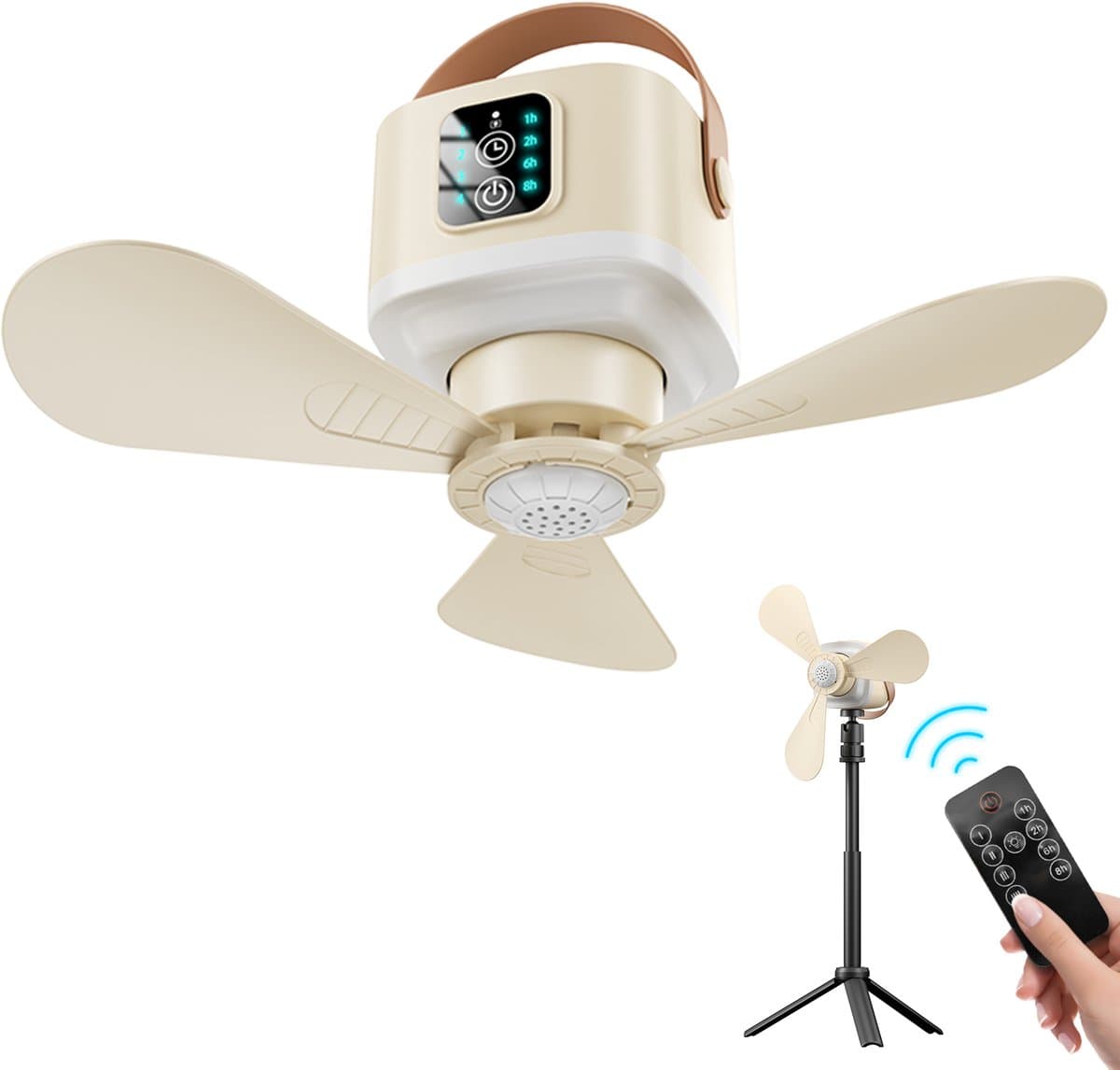 Lapamax Oplaadbare Ventilatorlamp - 7.200 mAh - 4 Snelheden en 3 Lichtstanden - Afstandsbediening en Timer - Voor Tent, Terras en Camper - Geel - Ø 24 cm — afbeelding 1