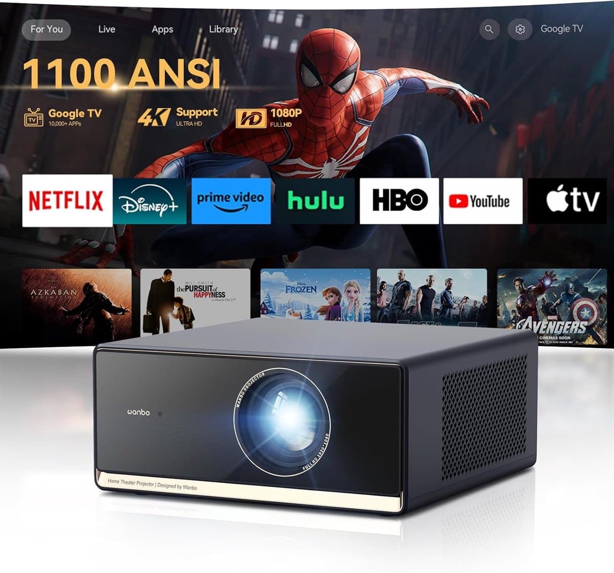 SnelShoppen - 4K HDR10 Beamer, Smart Projector met Google TV, Netflix, 1100 ANSI Lumen, Stil 26 dB, 1080P FHD, 5G+2.4G WiFi, Bluetooth, Spraakbedienin — afbeelding 1
