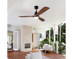 Ventilator Plafond Met Verlichting – 132 cm – Massief Hout en Metaal – Zwart en Donker Walnoot – Afstandsbediening, Dimbaar, 6 Snelheden