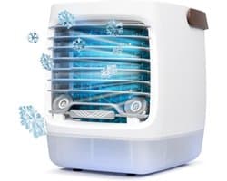 Mobiele Airco en Mini Luchtkoeler met 550ml Watertank - 4-in-1 Kleine Aircooler met Oplaadbare Accu - Fluisterstille Tafelventilator met Waterverneveling voor Slaapkamer, Thuiskantoor en Camping - Draadloze Air Cooler - Wit