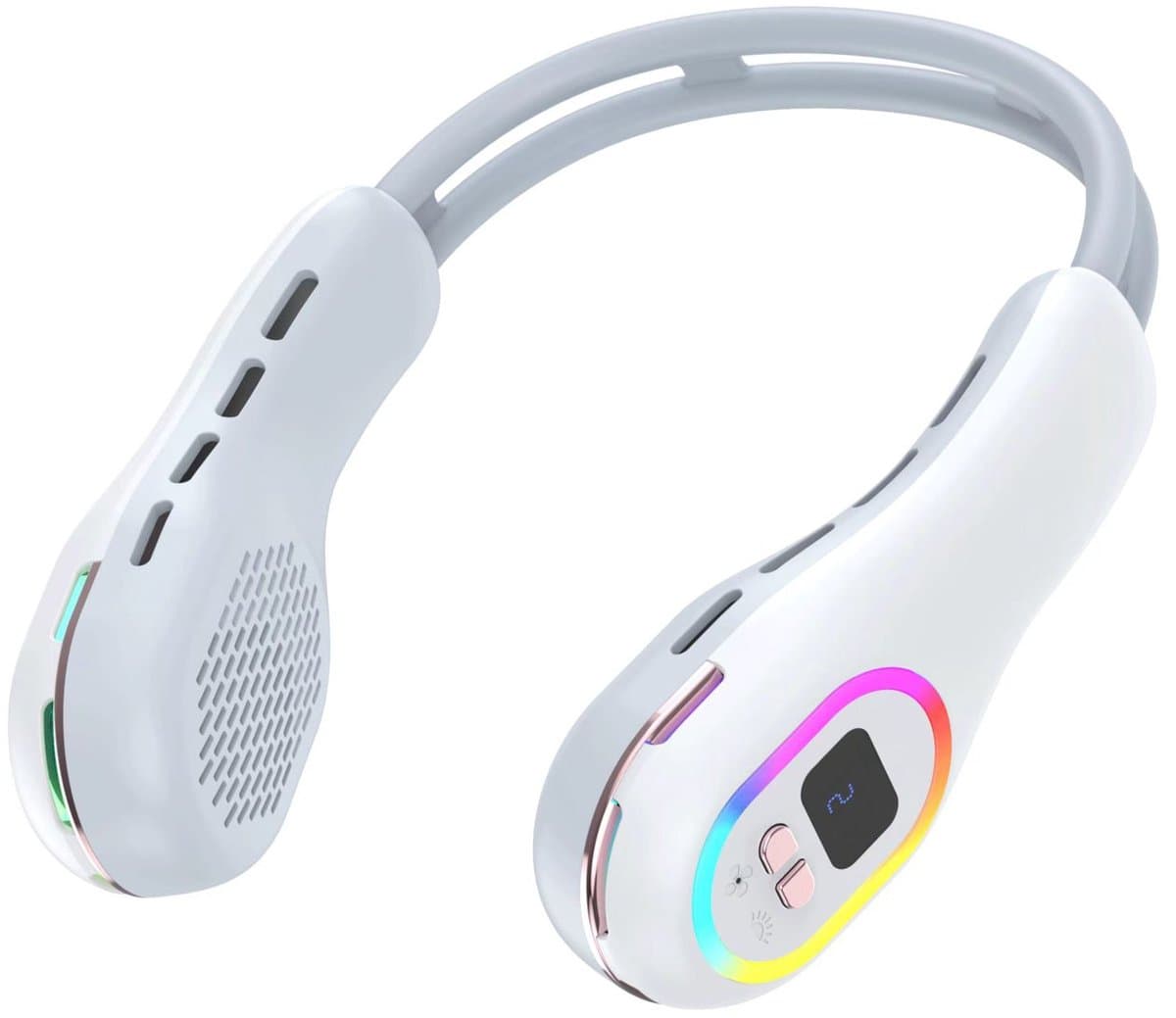 Draagbare nekventilator, draagbare handsfree mesloze nekventilator LED-gekleurd licht, werkuren 2,5-6 uur 3 snelheden 360 ° aanpassing van de windrichting Oplaadbaar - wit — afbeelding 1