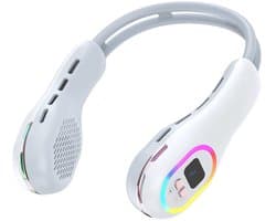 Draagbare nekventilator, draagbare handsfree mesloze nekventilator LED-gekleurd licht, werkuren 2,5-6 uur 3 snelheden 360 ° aanpassing van de windrichting Oplaadbaar - wit