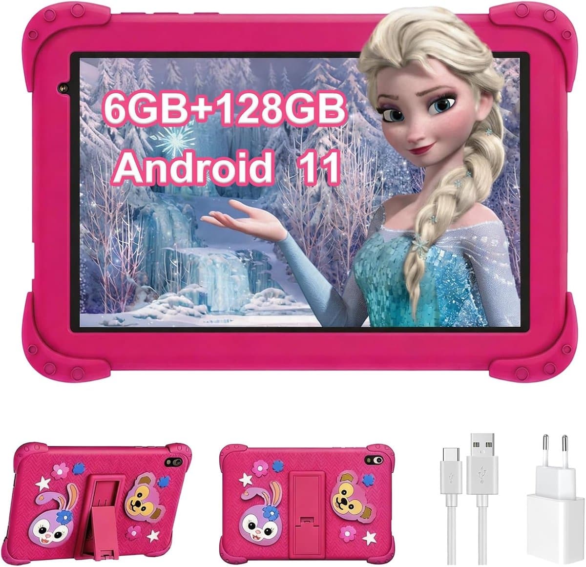 SnelShoppen - 8 Inch Kids Tablet 128GB Android 11.0 met 6GB RAM, Parental Control, 4000mAh, Bluetooth, WiFi, Onderwijs Tablet in Roze, Perfect voor Ki — afbeelding 1