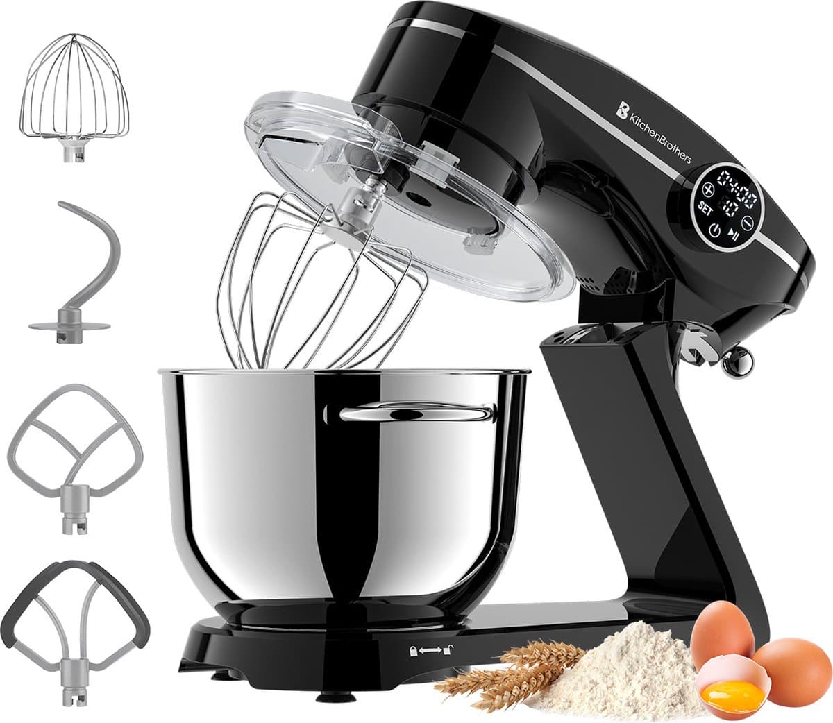 KitchenBrothers Keukenrobot - Keukenmachine - Touch Display en Timer - BPA-vrij - 6,2L - 1800W - Keukenmixer - Aluminium - Zwart — afbeelding 1
