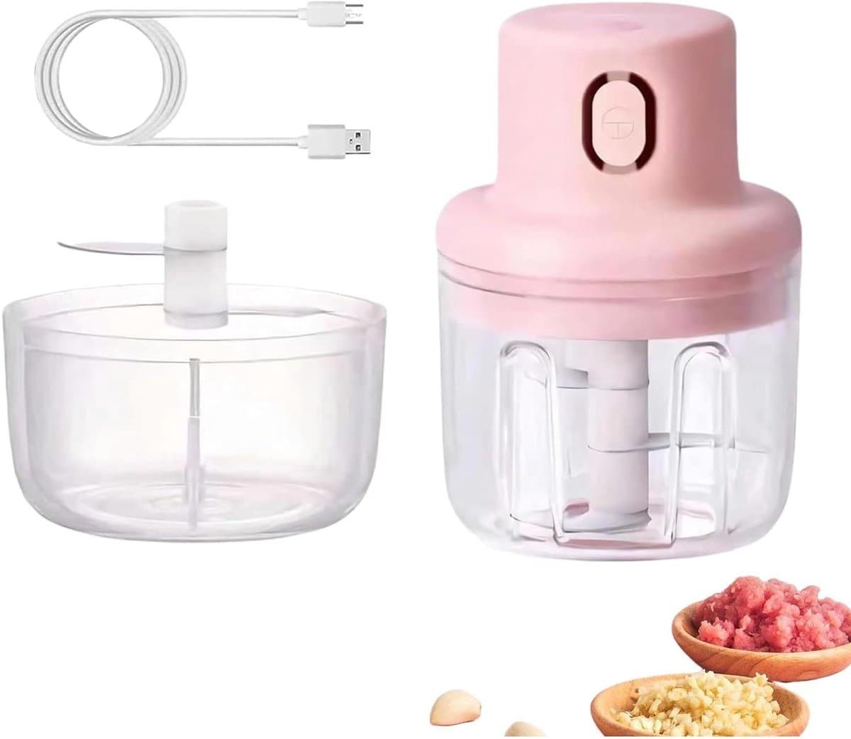 Elektrische Hakmolen - Mini Keukenmachine - Snel Ingrediënten Hakken - USB Oplaadbaar - 9x10x13 cm - Roze — afbeelding 1