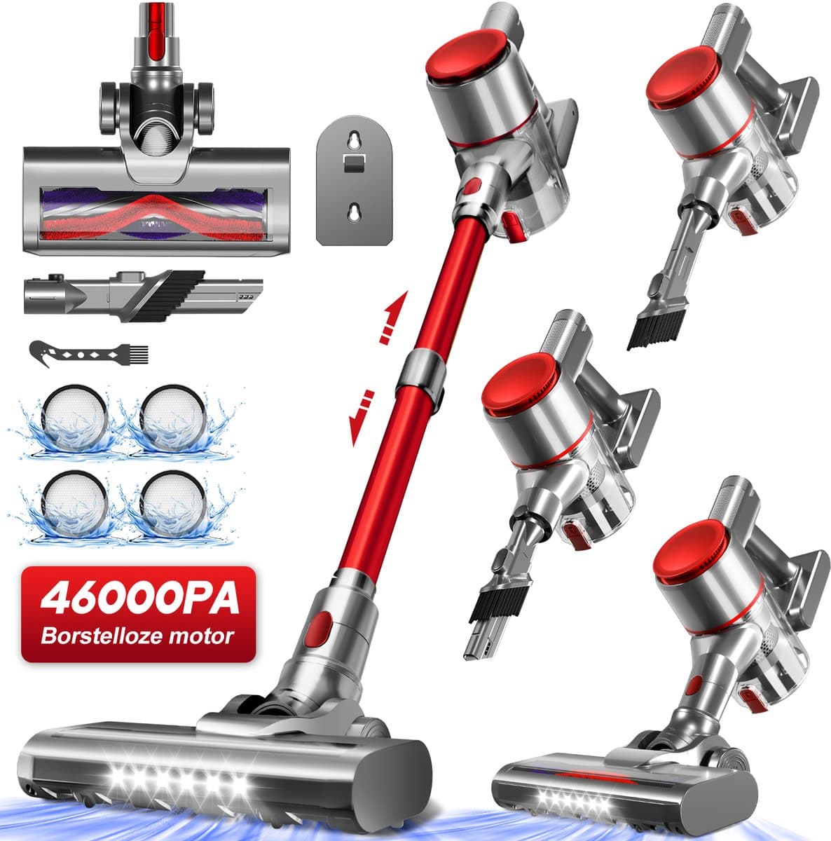 Elekiatech Steelstofzuiger- 46000Pa - 50 Minuten Gebruikstijd - 8 Kegel Filtersysteem Steelstofzuiger Draadloos - 1,5 L Stofbak - 2200 mAh Accu - voor Tapijten en Harde Vloere - Rood — afbeelding 1