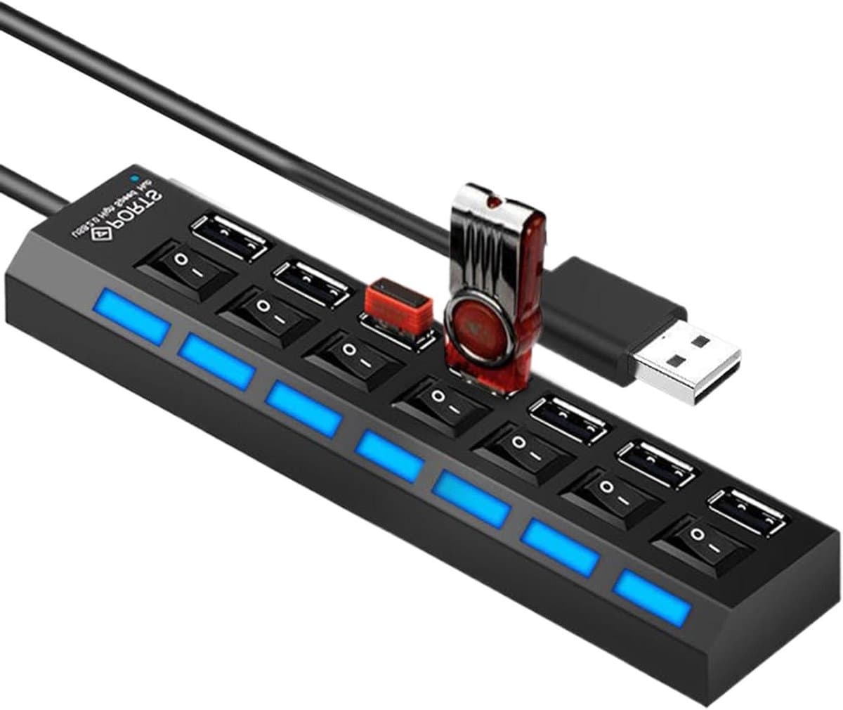 USB Hub - Poort Verdeler - Extern Werk - Onafhankelijke Schakelaars - 7 Poorten - Zwart — afbeelding 1