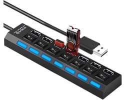 USB Hub - Poort Verdeler - Extern Werk - Onafhankelijke Schakelaars - 7 Poorten - Zwart
