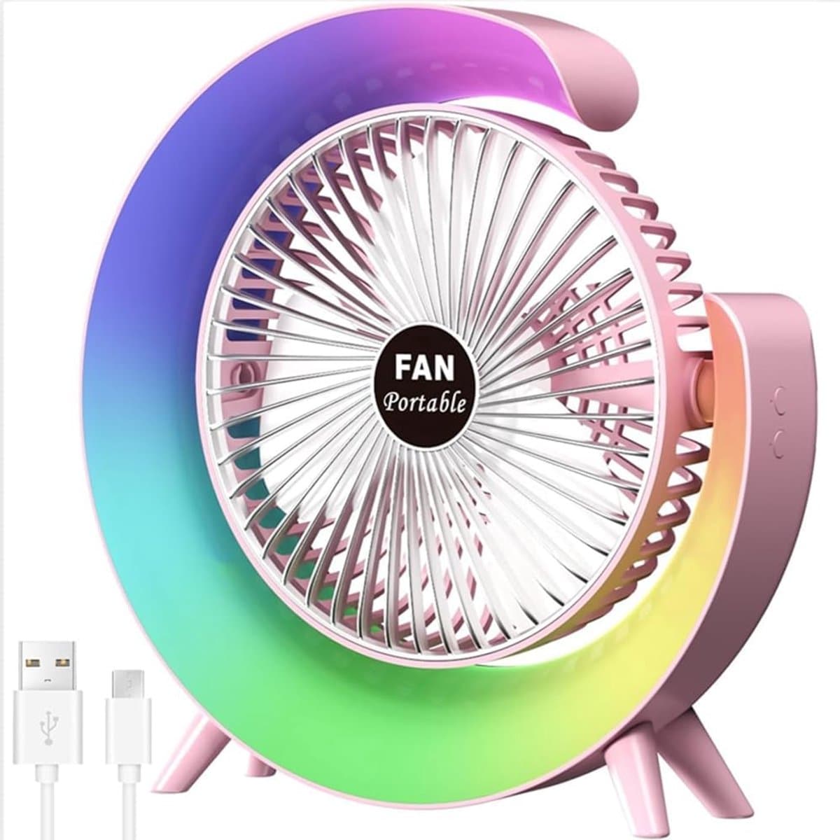 Nieuwe USB-bureauventilator met 3 standen en kleurrijke LED-verlichting – Draagbare tafelventilator – Stille desktopventilator – 180° draaibaar – Voor thuis, kantoor, slaapkamer en studentenkamer (Roze) — afbeelding 1