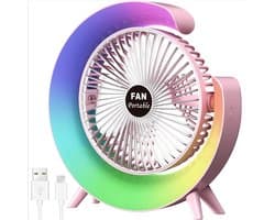 Nieuwe USB-bureauventilator met 3 standen en kleurrijke LED-verlichting – Draagbare tafelventilator – Stille desktopventilator – 180° draaibaar – Voor thuis, kantoor, slaapkamer en studentenkamer (Roze)