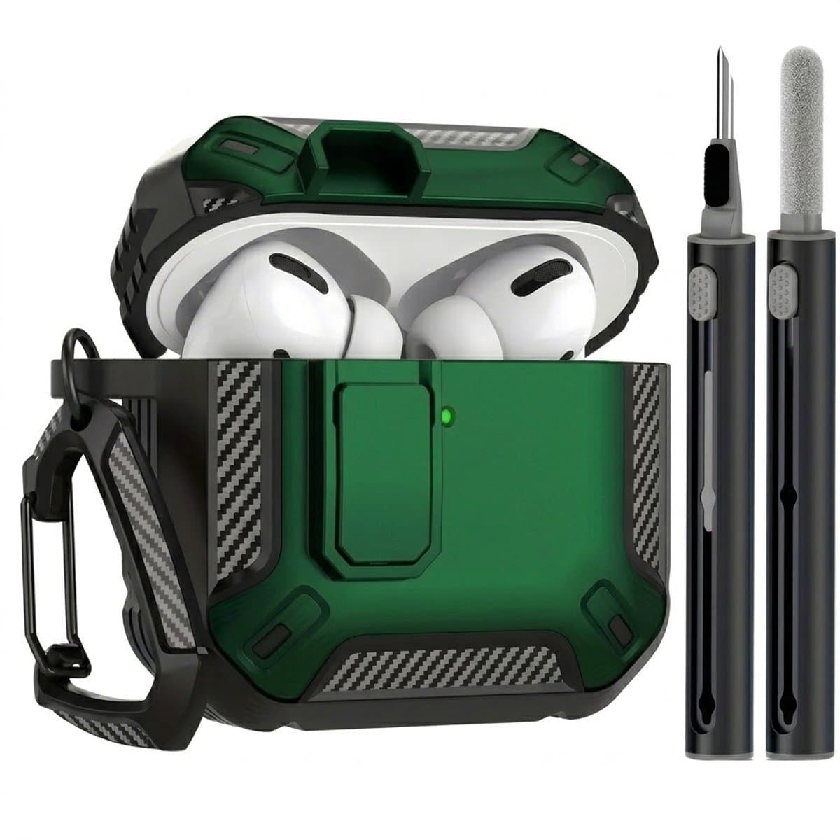 Groen hoesje voor oordopjes met cleaning kit – robuuste shockproof beschermhoes geschikt voor AirPods Pro 3 met clip en carbon look details — afbeelding 1