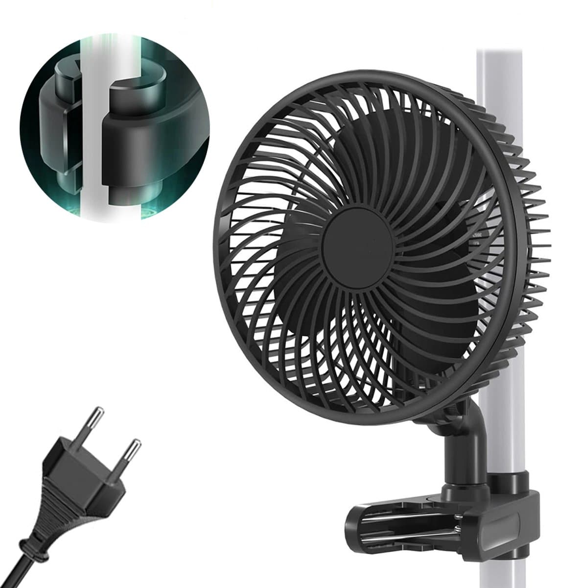 Clipventilator – Zwarte clipventilator van 6 inch – Draagbare ventilator voor binnententen – Kunststof – Stille USB Ventilator met Afstandsbediening - Zwart – Direct op het stopcontact — afbeelding 1