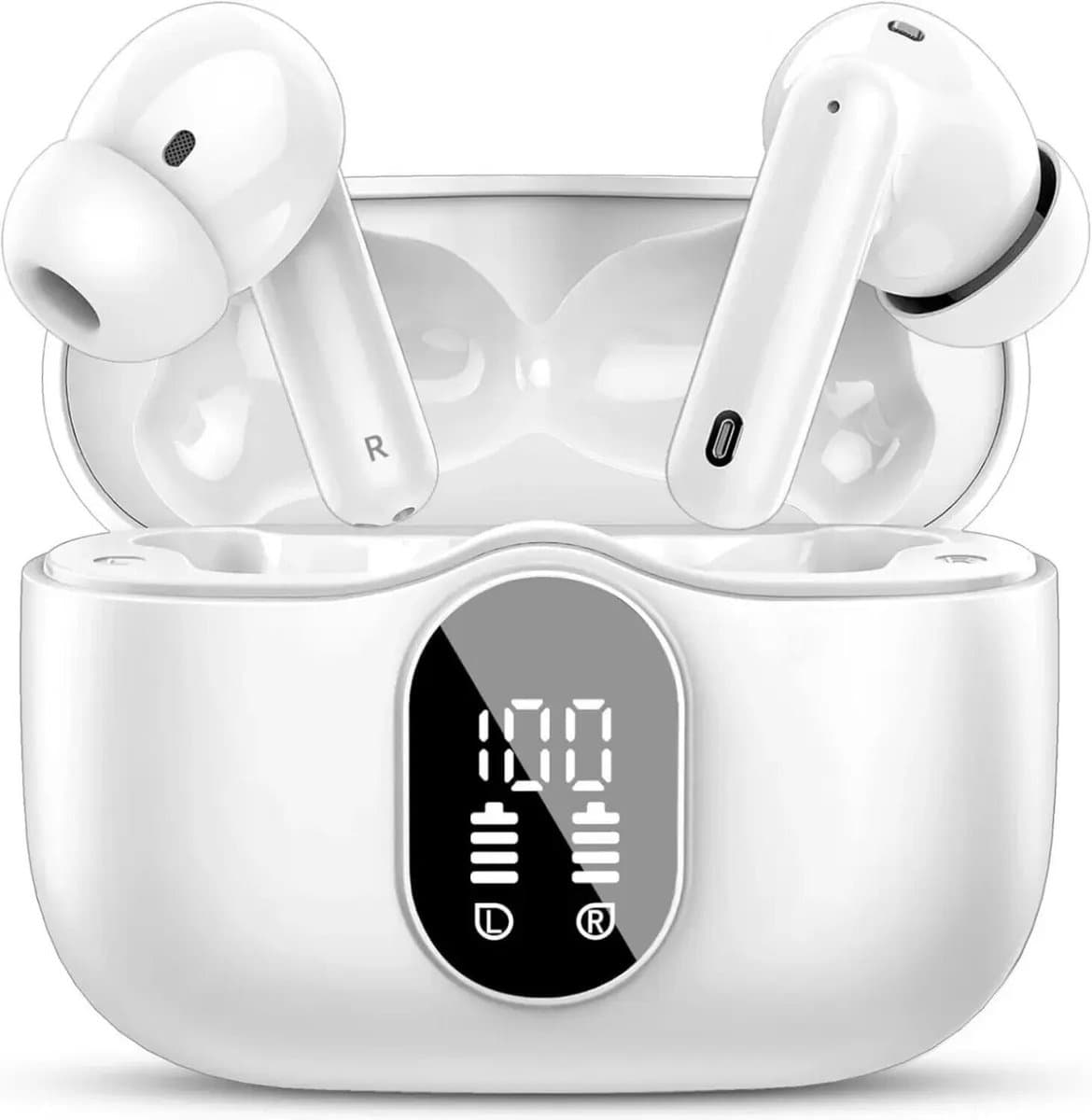 SBG Draadloze Oordopjes - Noise Cancelling - Headset - Bluetooth 5.4 - Earbuds oplaadcase - LED Display - Met Microfoon - Extra dopjes - Wit — afbeelding 1
