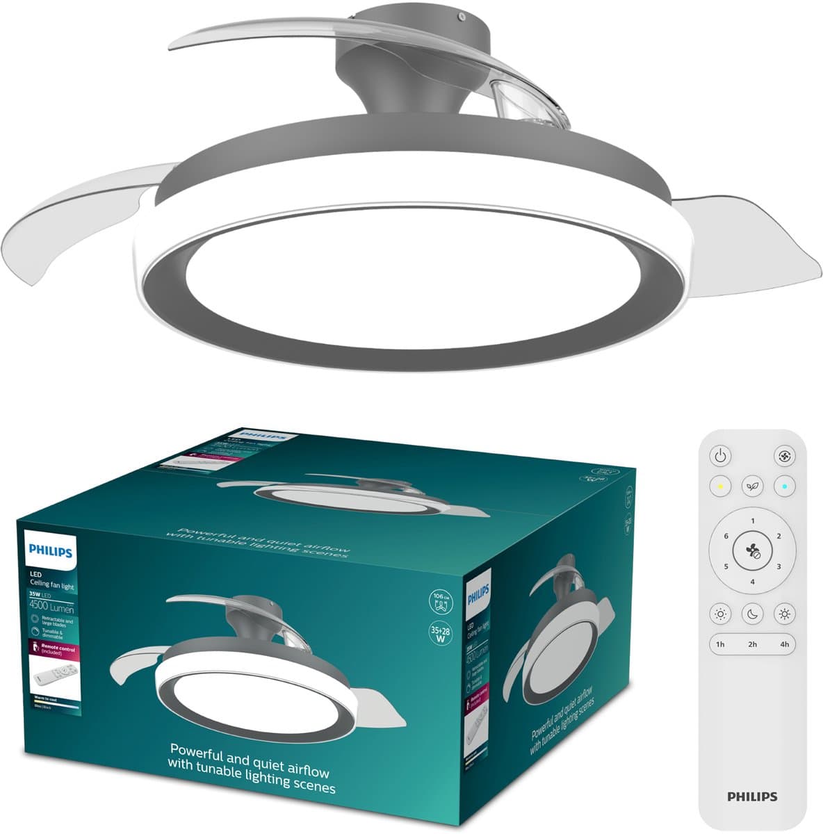 Philips Bliss Plafondventilator met ingebouwde LED-lamp - 3 Intrekbare bladen, diameter: 106cm - 4500 Lumen - Instelbaar wit licht van 2700K tot 6500K - Dimbaar tot 5% - Afstandsbediening - Zwart — afbeelding 1