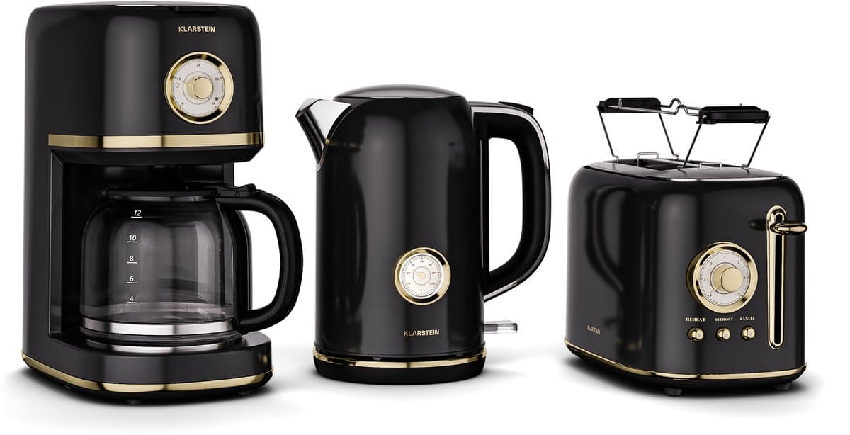 Klarstein Victoria ontbijtset – broodrooster voor 2 sneetjes met 7 bruiningsstanden, waterkoker van 1,7 liter, filterkoffiezetapparaat voor 12 kopjes, roestvrij staal, retro design, broodjeshouder, warmhoudfunctie, roomkan — afbeelding 1