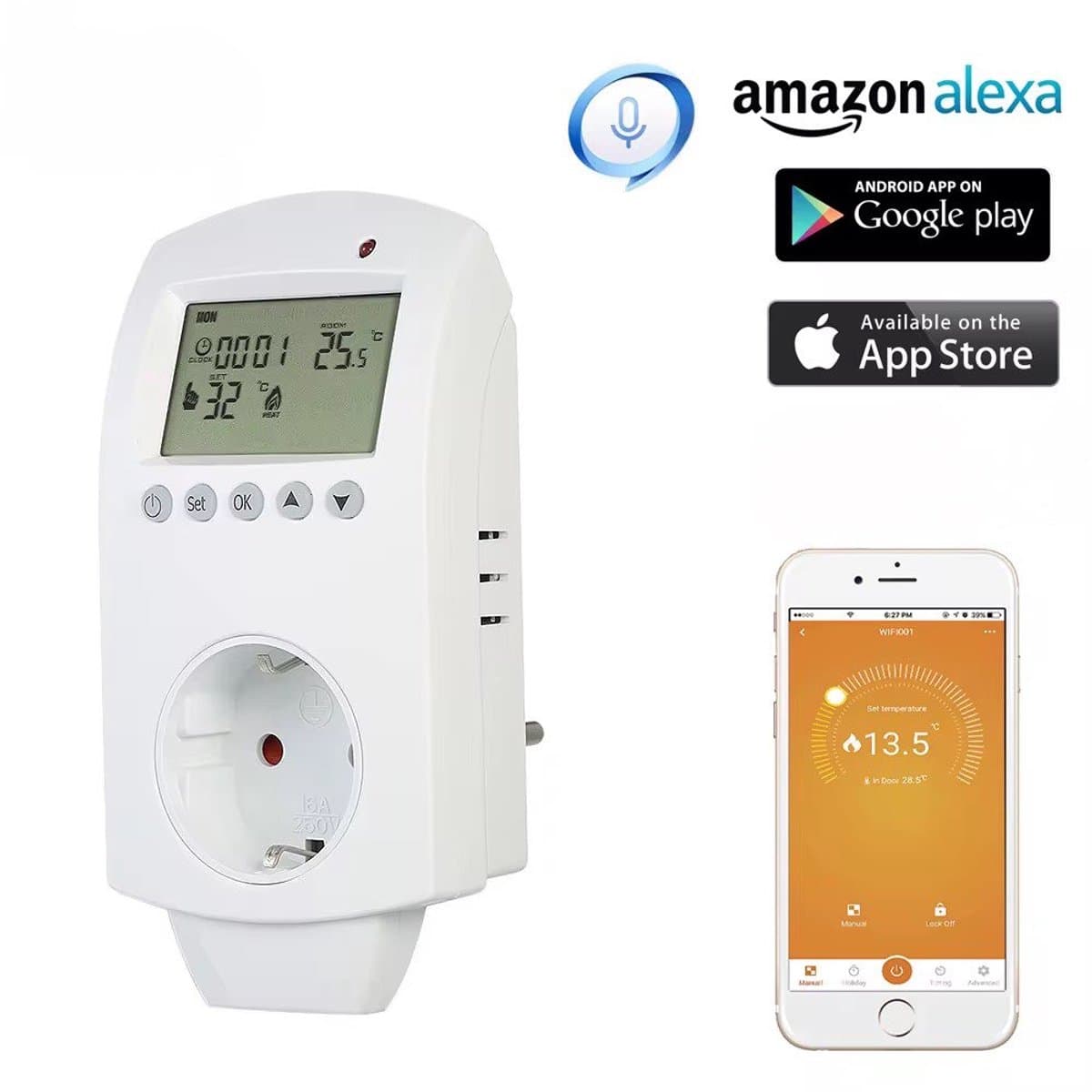 Thermostaat Stekker – WiFi Plugin – Stopcontact – Slimme Temperatuurregelaar – 16A – Werkt met Tuya, Alexa & Google Home - Energie besparen - Elektrische warmtebronnen - Airco - Slimme stekker - Smart stekker — afbeelding 1