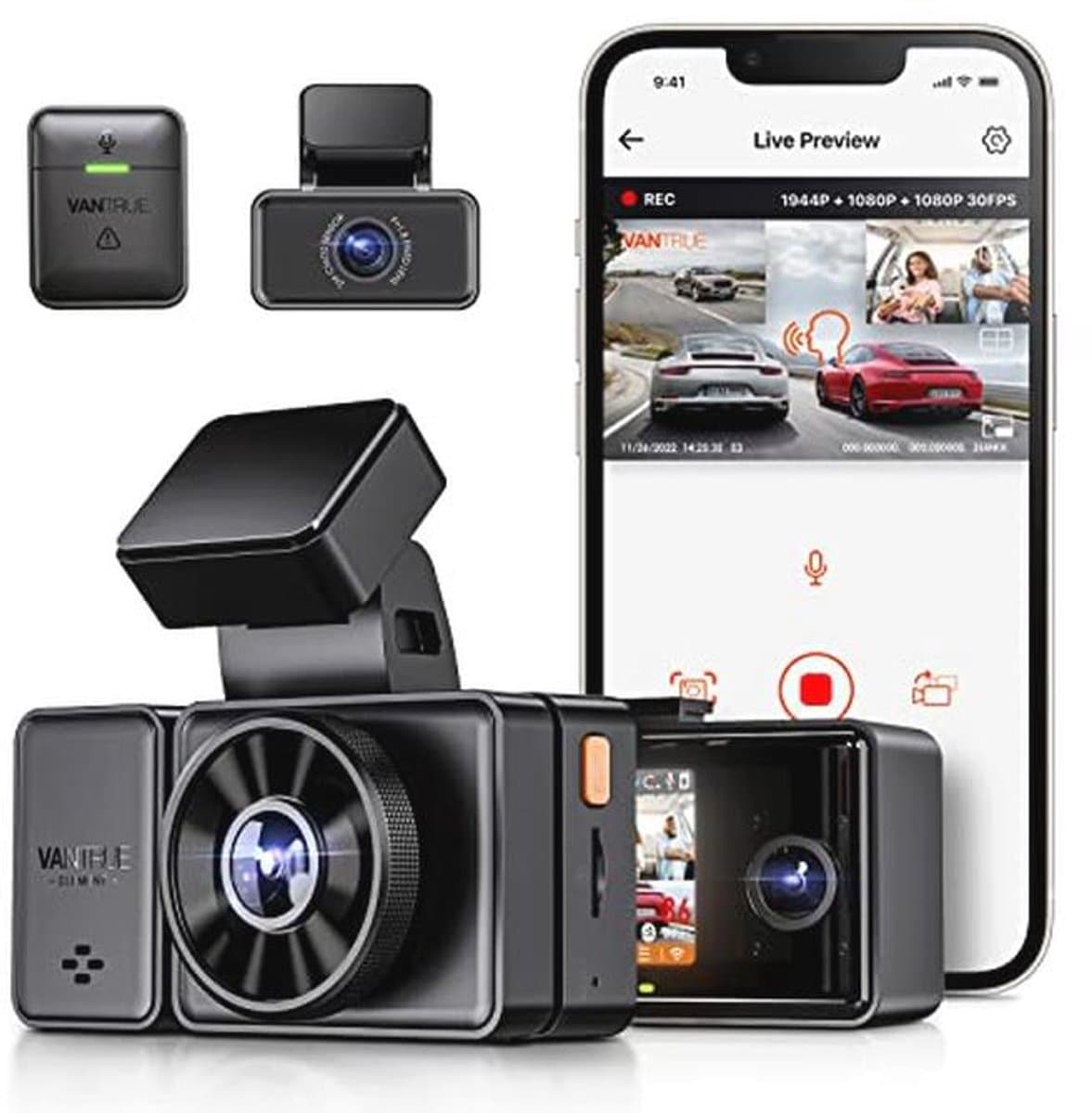 VANTRUE E3 3 Lens Dashcam 5GHz WiFi with Voice Control, 1944P + Dual 1080P Front Rear Car Camera with GPS, IR Night Vision, 24 Hours Parking Monitoring Car Camera Truck Car, Max 512G — afbeelding 1