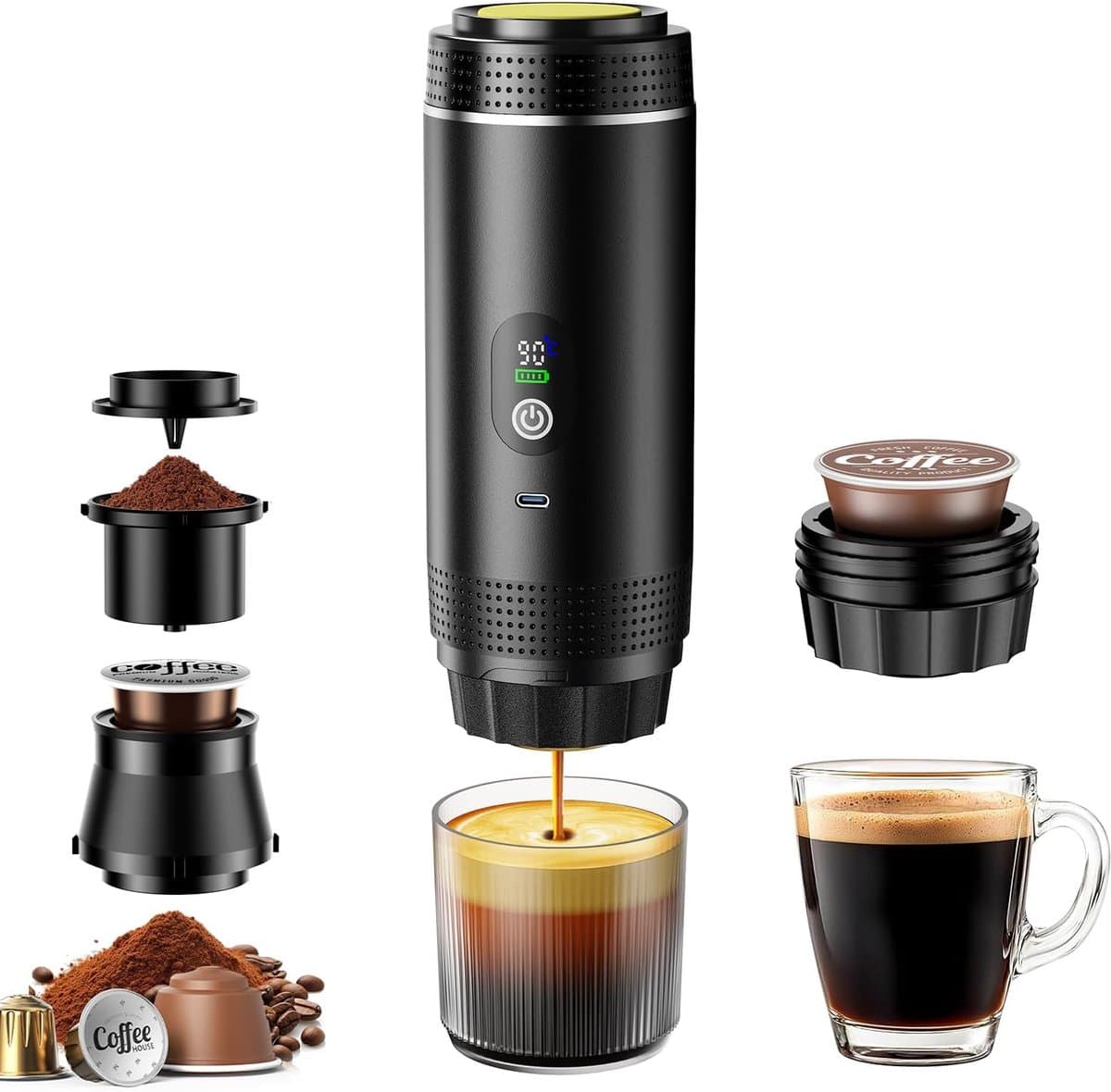 Mini Koffiemachine - 3-in-1 Reis Espresso Apparaat - Werkt op Batterijen en USB - Voor Cups en Gemalen Koffie - Camping en Autogadget - Cadeau voor Kampeerders en Reizigers - Reisaccessoire - Zwart - 1 Stuk — afbeelding 1