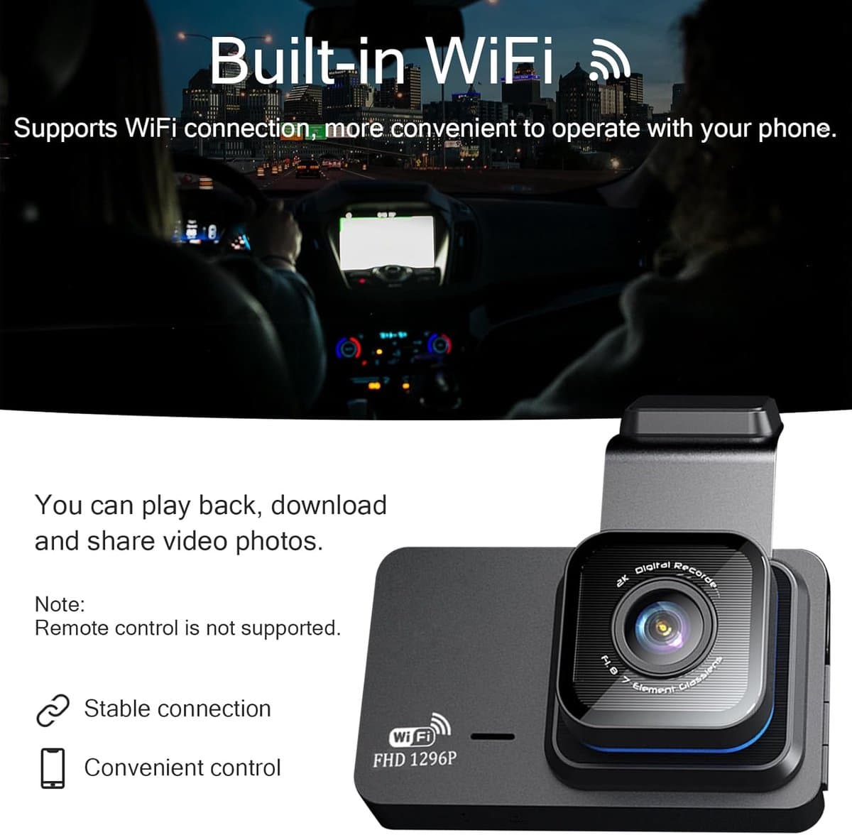 Dashcam Auto 1296P dashcamera, voor full HD dashcamera, auto, met 32G SD-kaart, 3,0 inch IPS-scherm, dual camera met wifi, GPS, 480p achter, loopopname, 140° groothoek, app-bediening, achteruitrijhulp, — afbeelding 1