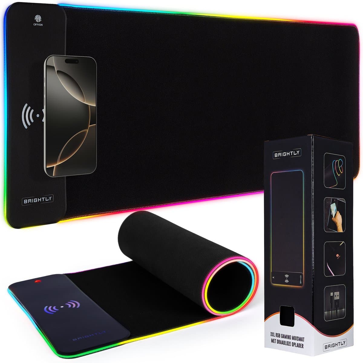 Brightly® 2-in-1 RGB Gaming Muismat XXL - Draadloze Oplader - RGB LED Verlichting Muismat - USB - Antislip Muismat - 80 cm x 30 cm - Gaming Muismat - Met Verlichting - Waterproof - Extra Breed en Lang - Zwart — afbeelding 1