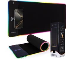 Brightly® 2-in-1 RGB Gaming Muismat XXL - Draadloze Oplader - RGB LED Verlichting Muismat - USB - Antislip Muismat - 80 cm x 30 cm - Gaming Muismat - Met Verlichting - Waterproof - Extra Breed en Lang - Zwart