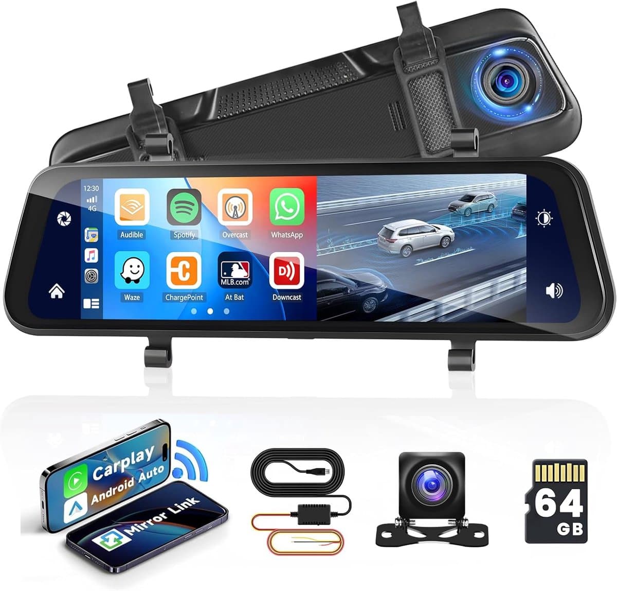 SnelShoppen - Dashcam Auto Spiegel 9.66'' met Achteruitrijcamera, Carplay Android Auto, Stembesturing, GPS, Nachtzicht, Loopopname, G-Sensor, Parkeerb — afbeelding 1