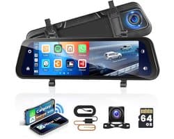 SnelShoppen - Dashcam Auto Spiegel 9.66'' met Achteruitrijcamera, Carplay Android Auto, Stembesturing, GPS, Nachtzicht, Loopopname, G-Sensor, Parkeerb