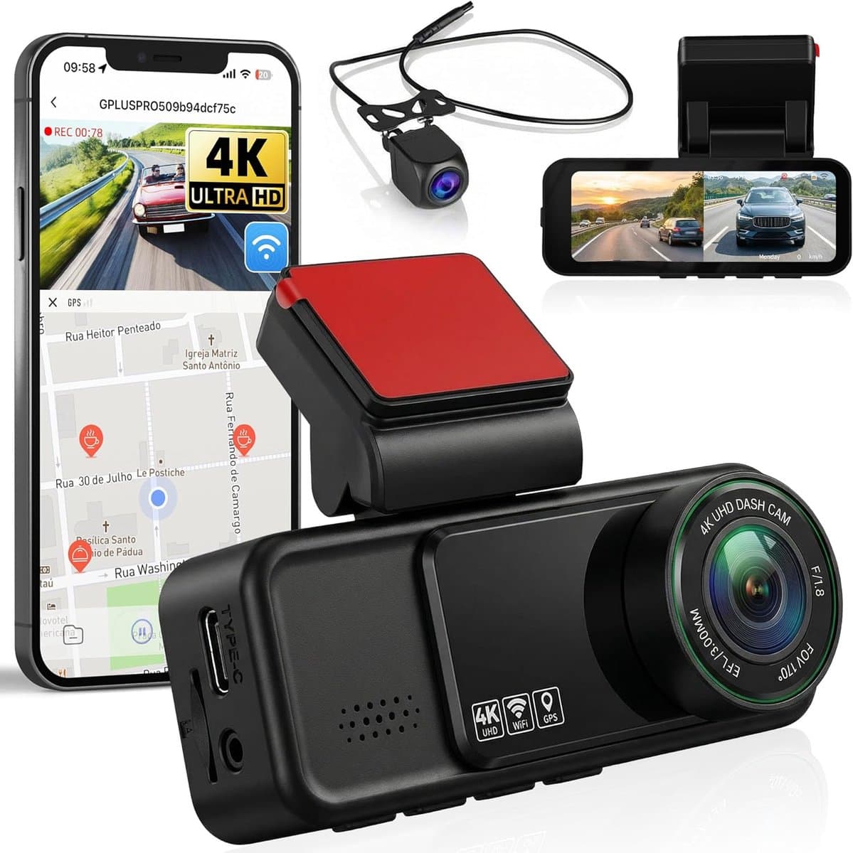 SnelShoppen - 4K Dashcam Auto 1080P, 2-Kanalen FHD Autocamera met GPS, WiFi, App Besturing, Nachtzicht, ADAS, 3.16 Inch Display, 24-Uur Parkeren — afbeelding 1