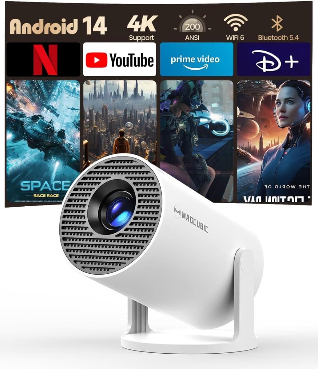 SnelShoppen - Draagbare Projector met Android 14, Miniprojector 4K 1080P Full HD, 200ANSI 8000L, 5G WiFi, BT 5.4, Bioscoopprojector 180° Draaibaar voo — afbeelding 1