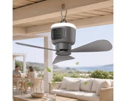 Lapamax Oplaadbare Hangventilator met Lamp - 12.000 mAh - 4 Snelheden - Afstandsbediening en Timer - Campingventilator voor Tent en Camper - Grijs - Ø 45 cm
