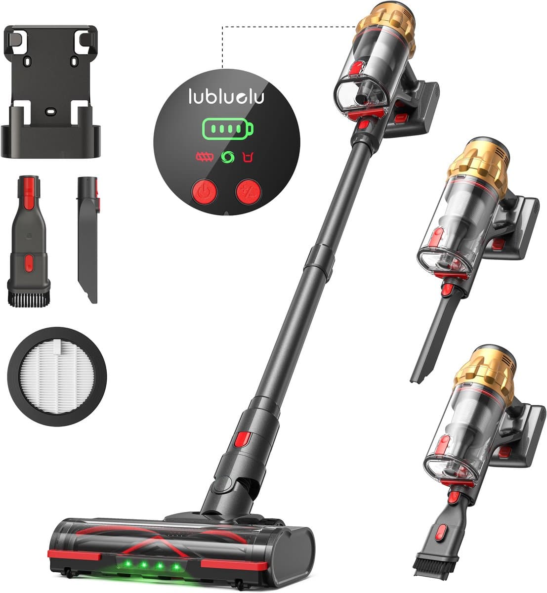 G&G stofzuiger – Steelstofzuiger – Draadloos – Zonder zak – 500W – Tot 50 min – Verwisselbare accu – 7x 2200mAh - Wandhouder — afbeelding 1
