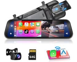 Mirror Dashcam met draadloze Carplay, Android Auto met HD achteruitrijcamera 9,66 inch IPS touchscreen Dual 1080P achteruitkijkspiegel Dashcam Dash Cam auto, 2 gedeelde schermen, Bluetooth
