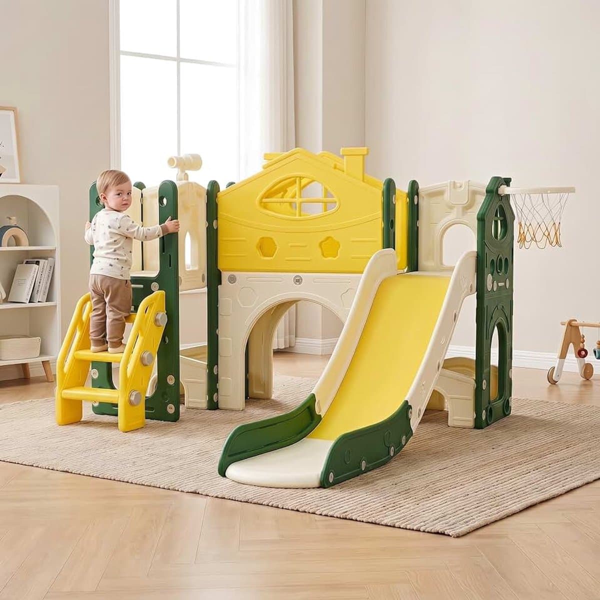 7 in 1 Kinderglijbaan met klimladder,binnen buiten kinderspeelplaats | Kleinkinderrutsche mit Basketballkorb, Klettergerüst, Teleskop, Tunnel, Plattformgang, Aufbewahrungskorb, Kinder Spielplatz — afbeelding 1