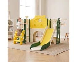 7 in 1 Kinderglijbaan met klimladder,binnen buiten kinderspeelplaats | Kleinkinderrutsche mit Basketballkorb, Klettergerüst, Teleskop, Tunnel, Plattformgang, Aufbewahrungskorb, Kinder Spielplatz