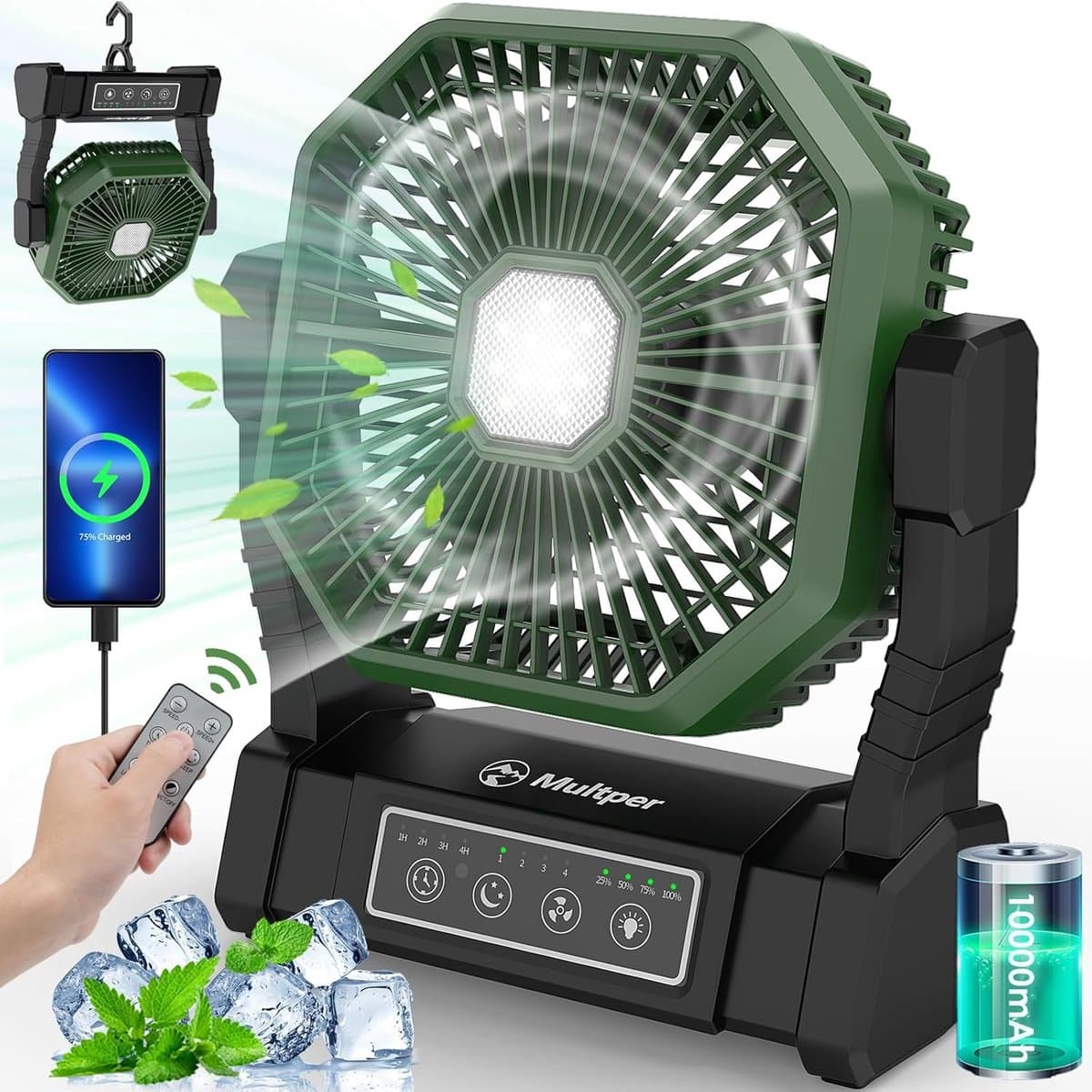 Campingventilator met LED Verlichting – Oplaadbare Tafelventilator – 10000mAh Accu – Afstandsbediening & 4 Snelheden — afbeelding 1