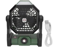 Draagbare buitenventilator met traploze snelheidsregeling, krachtige luchtstroom, campinglamp en 7800 mAh accu (voor picknick, vissen)