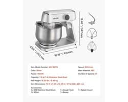 Keukenmachine – Keukenmixer – Keukenrobot – Foodprocessor – Mixer – 7,4L RVS Mengkom – 1800W Motor – 10 Snelheden – Inclusief Deeghaak, Garde En Platte Mengklopper