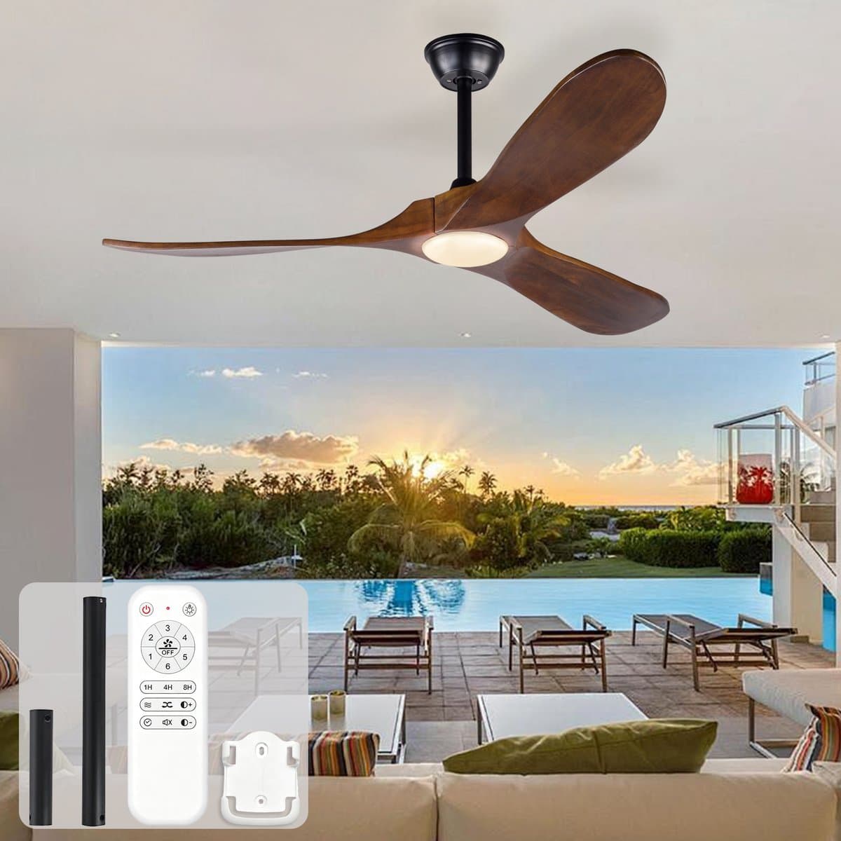 Plafondventilator met licht 52 inch - 3CCT kleurtemperatuur instelbaar - Stille DC-motor - Zes snelheden omkeerbaar - Drie massief houten bladen - Geschikt voor woonkamer en eetkamer — afbeelding 1