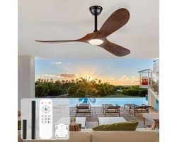 Plafondventilator met licht 52 inch - 3CCT kleurtemperatuur instelbaar - Stille DC-motor - Zes snelheden omkeerbaar - Drie massief houten bladen - Geschikt voor woonkamer en eetkamer
